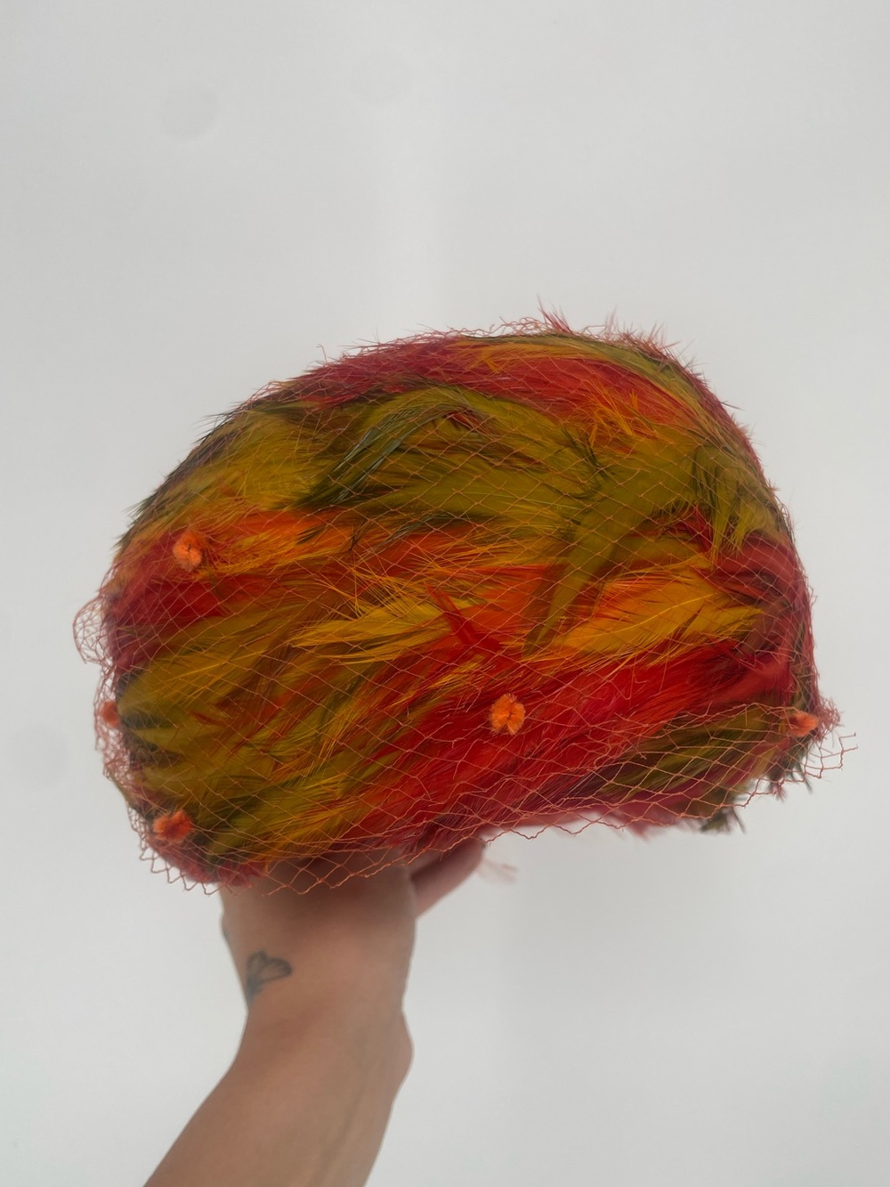 60s Mid Century Red Orange Feathered Pillbox Hat w Netting Union Made Wool Base - Picture 13 of 13